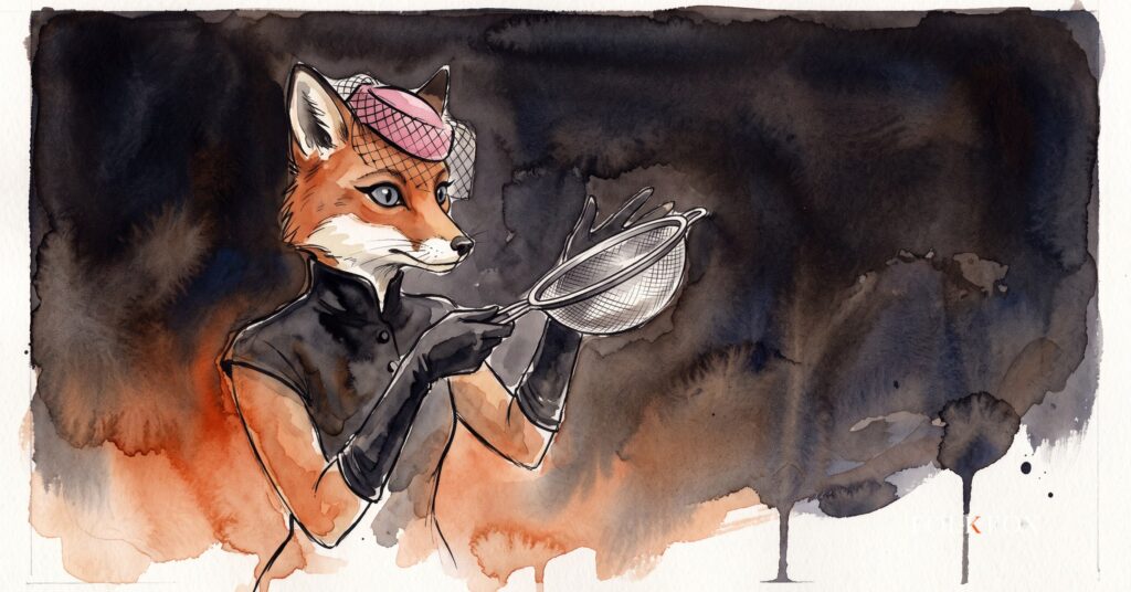 programmatic advertising after the ruling: an ink-drawn fox holding a sieve over a stream of small bright tokens