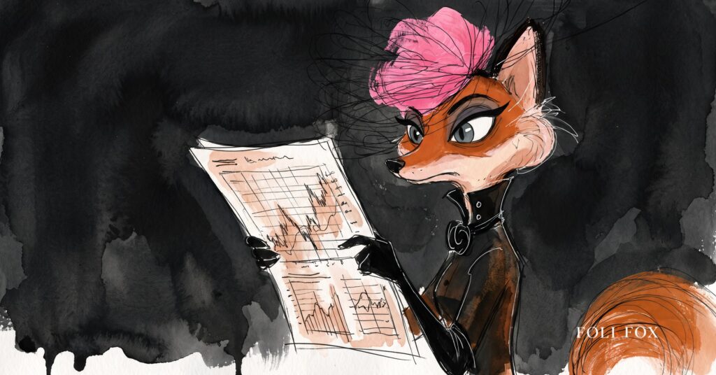 A fox inspecting a tall leaning stack of paper tickets with a clipboard, an image for pstack claims that need verifying