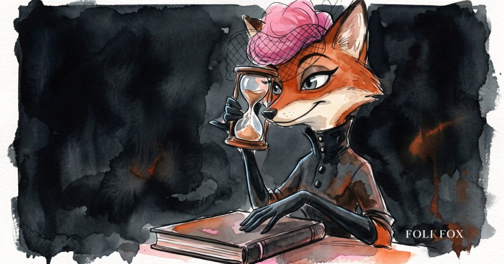 an ink-drawn fox holding an hourglass up to one eye, reddit advertising counting fifteen seconds instead of six