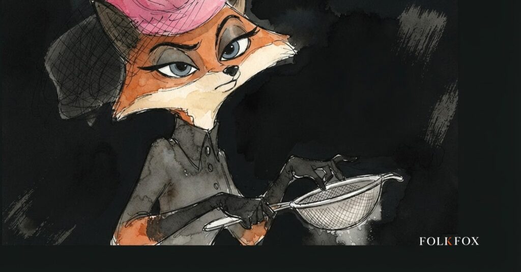 An ink-drawn fox holding a brass sieve over a heap of identical flyers, illustrating reddit for business under stricter spam controls