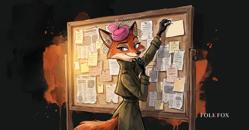 an ink-drawn fox pinning one small card to a crowded wooden noticeboard, reddit marketing as a guest on someone else's board