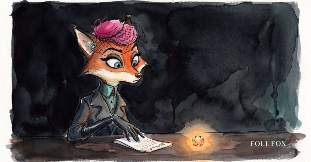 a watercolour fox studying a single amber die on a desk, weighing a wager before it's made