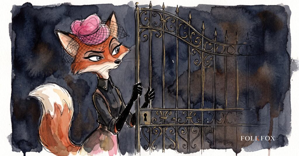A wary fox stands guard at a wooden gate, watching over right of publicity for musicians against Suno's AI music lawsuit