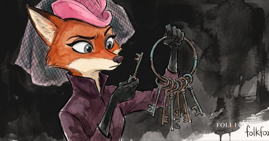 An ink-drawn folkfox vixen holding a ring of old iron keys, illustrating SAP patch day vulnerability response.