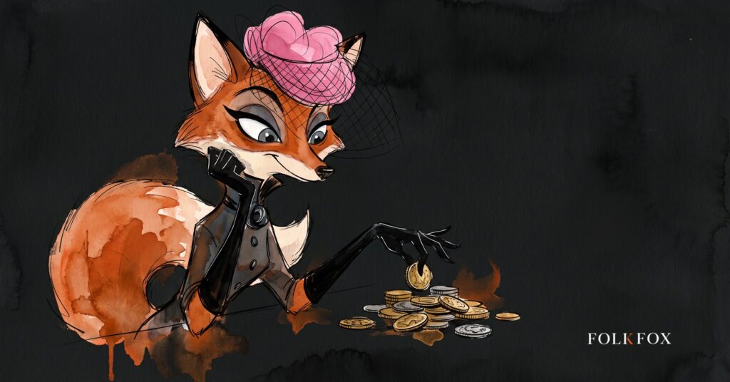 An ink-drawn fox in a folkfox forest beside a coins, illustrating social media advertising agency.