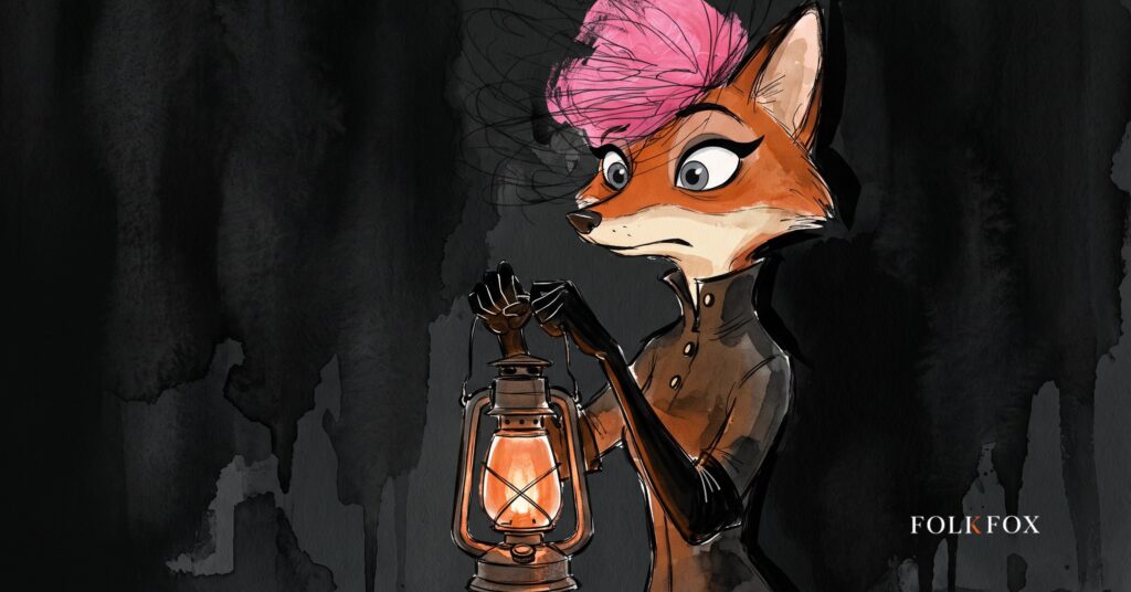 An apprehensive fox holding a shuttered lantern in a dense wood, listening for the next software supply chain attack