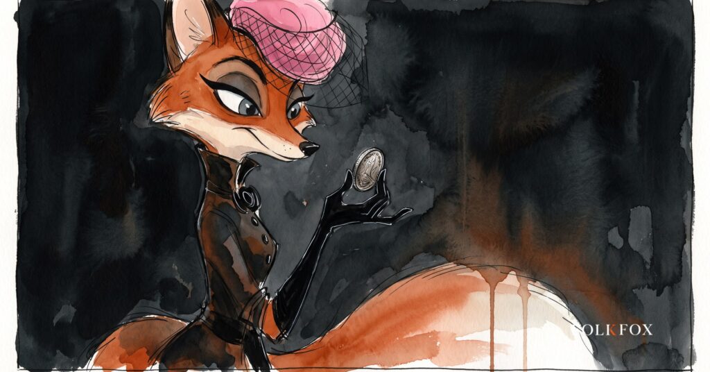 An ink-drawn fox in a folkfox forest beside a coins, illustrating sponsored snaps.