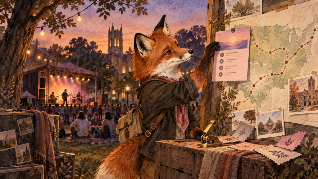A keen fox mapping the Spotify Coach Tabby Tour across a playlist card and campus route