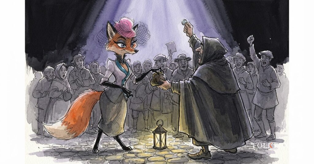 A watercolour fox paying a town crier to hold one silver coin high, a picture of stablecoin yield turned into paid distribution