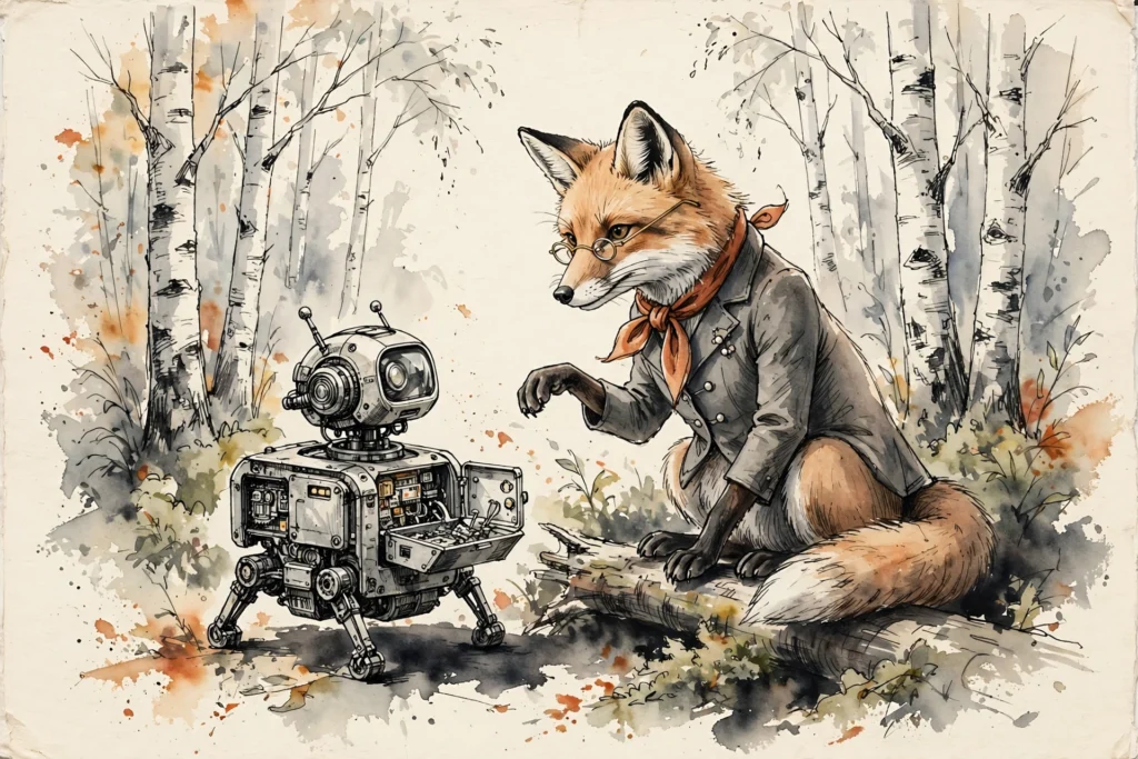 An ink-drawn fox in a folkfox forest, illustrating syndicated search partner hygiene.