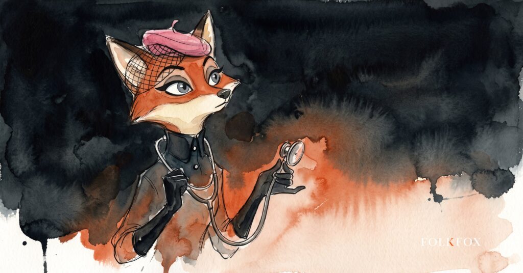 A vigilant fox in a beech wood holding a stethoscope to a tree, listening for leaks in telehealth advertising