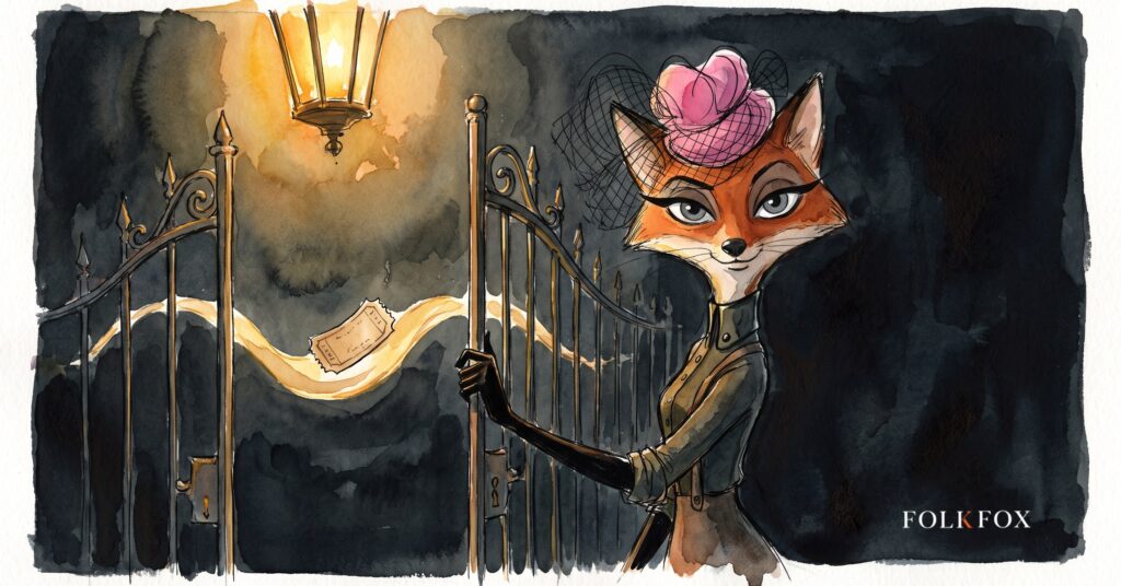 A watercolour fox holds a garden gate ajar for a single paper ticket, a picture of a ballot built to keep ticket touting out