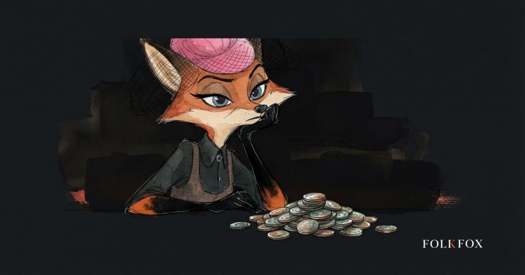 A fox weighing two stacks of coins on a brass balance and raising one eyebrow, illustrating TikTok ads cost against Meta