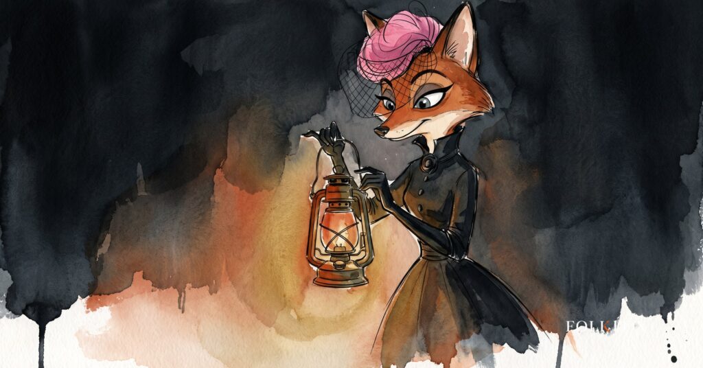 An ink-drawn fox in a folkfox forest beside a lantern, illustrating tiktok advertising.