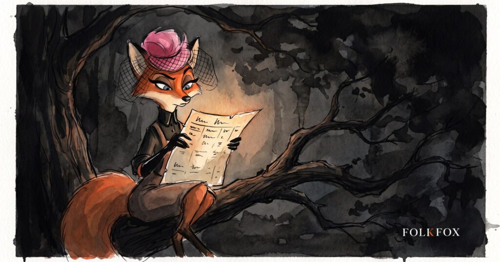 An ink-drawn fox inspecting share certificates for tokenised stocks under a low lantern