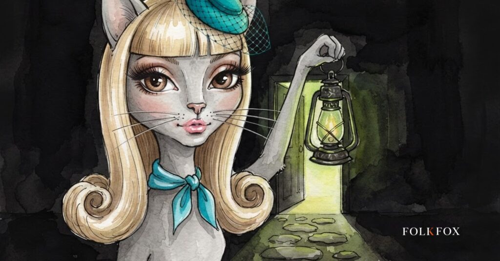 Watercolour cat holding a lantern at an open clinic door, a picture of transgender healthcare providers keeping the way lit
