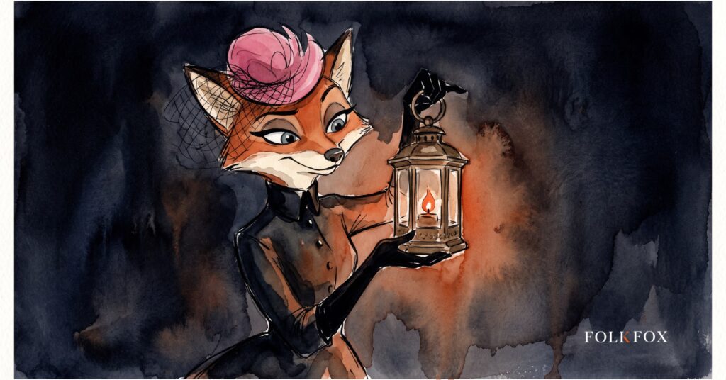 An ink-drawn fox in a folkfox forest beside a lantern, illustrating brand campaign.
