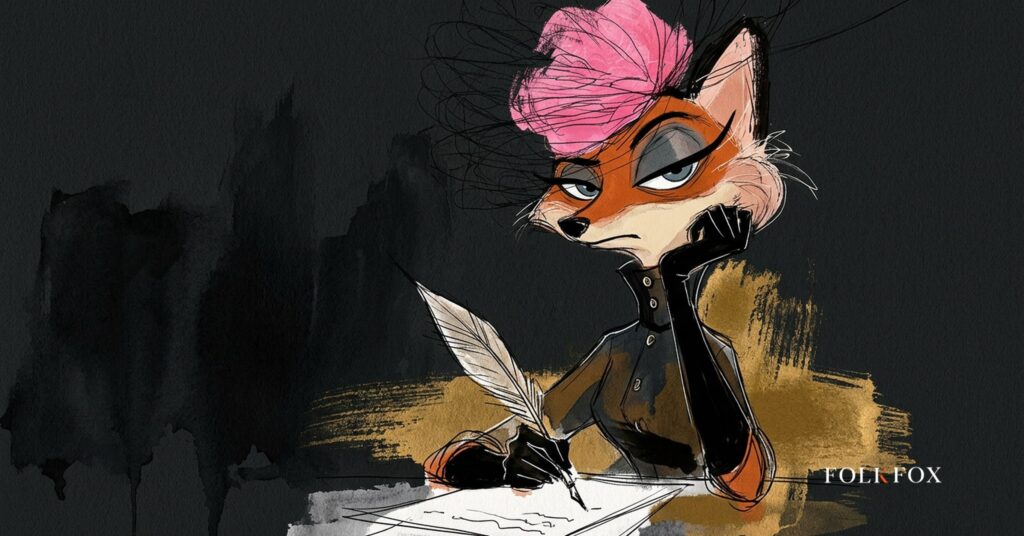 An ink-drawn fox studies a quill and a stack of pages, illustrating AI content writing that still needs a human edit