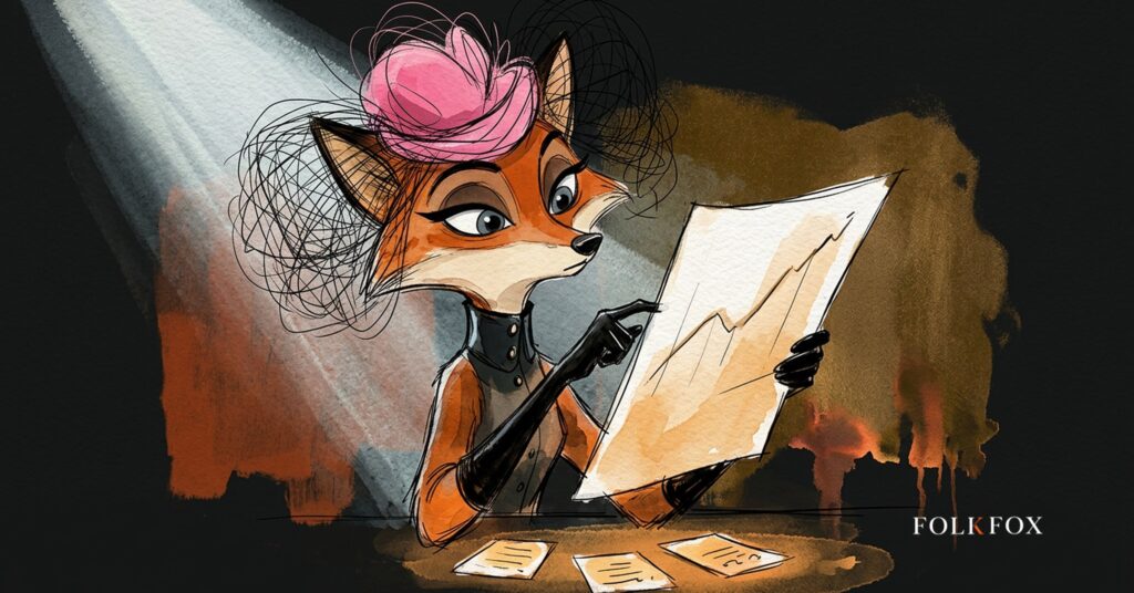 The vixen studying a lamplit chart of ai data analysis, tracing one rising line with a claw