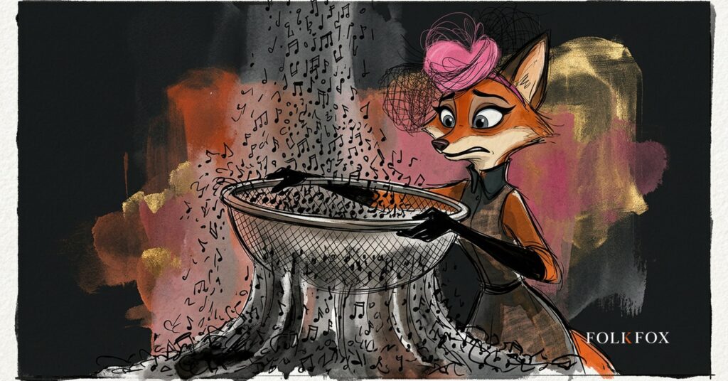 An ink-drawn fox in a folkfox forest beside a sieve, illustrating ai deepfakes.
