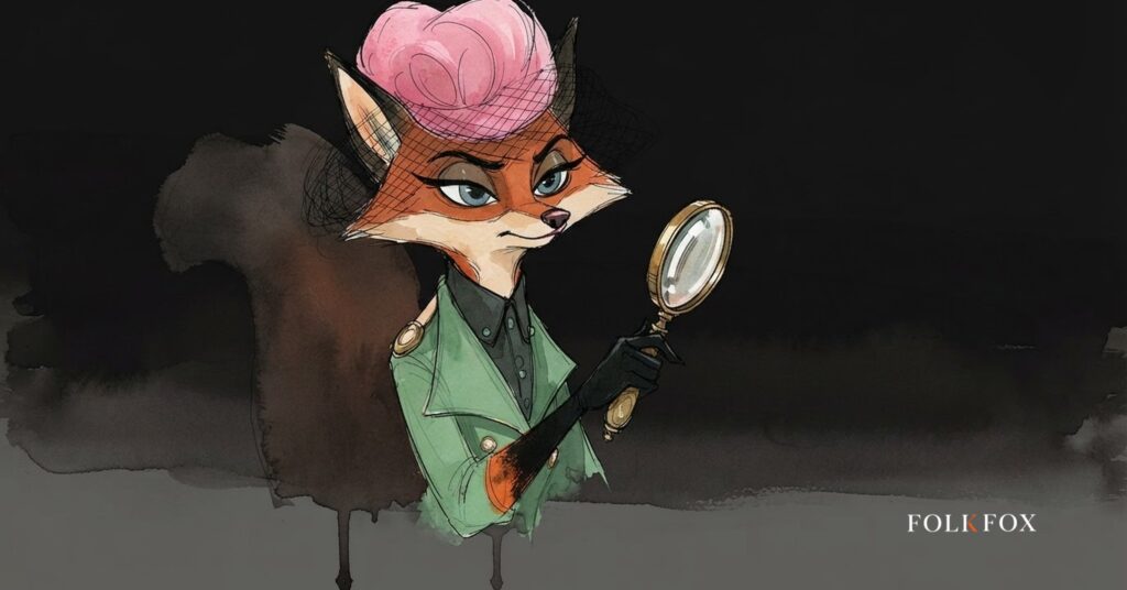 An ink-drawn vixen holds a product label up to a lamp and studies one line closely, a picture of how AI medical devices are read by their claims