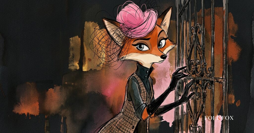 An ink-drawn vixen at a garden gate watching a lantern-lit crawler approach, an image about ai web scraping and Meta's commercial terms