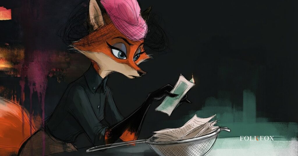 An ink-drawn fox weighing a press-release headline against a peer-reviewed study card through a sieve, biotech marketing as an evidence test
