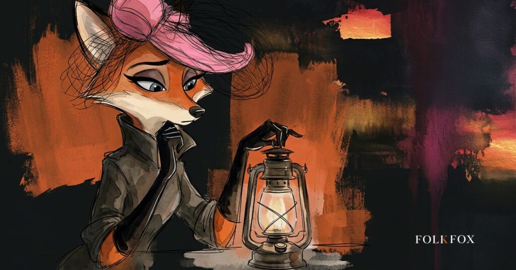 An ink-drawn fox studies its own reflection beside a stack of identical cards, illustrating a brand recall survey where AI visibility is not being remembered