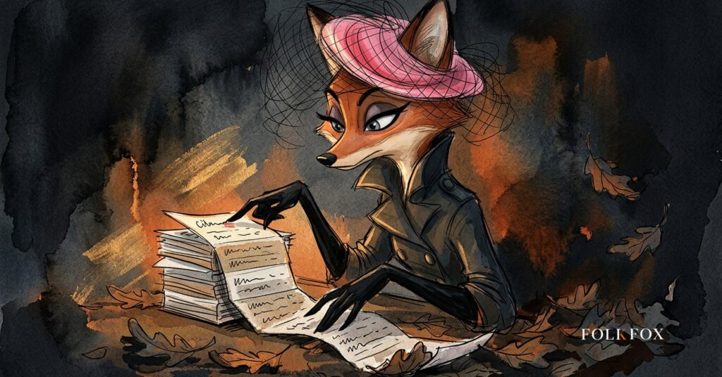 An ink-drawn fox studies a chart of cited sources on a fallen oak branch, a chatgpt seo study about original sources