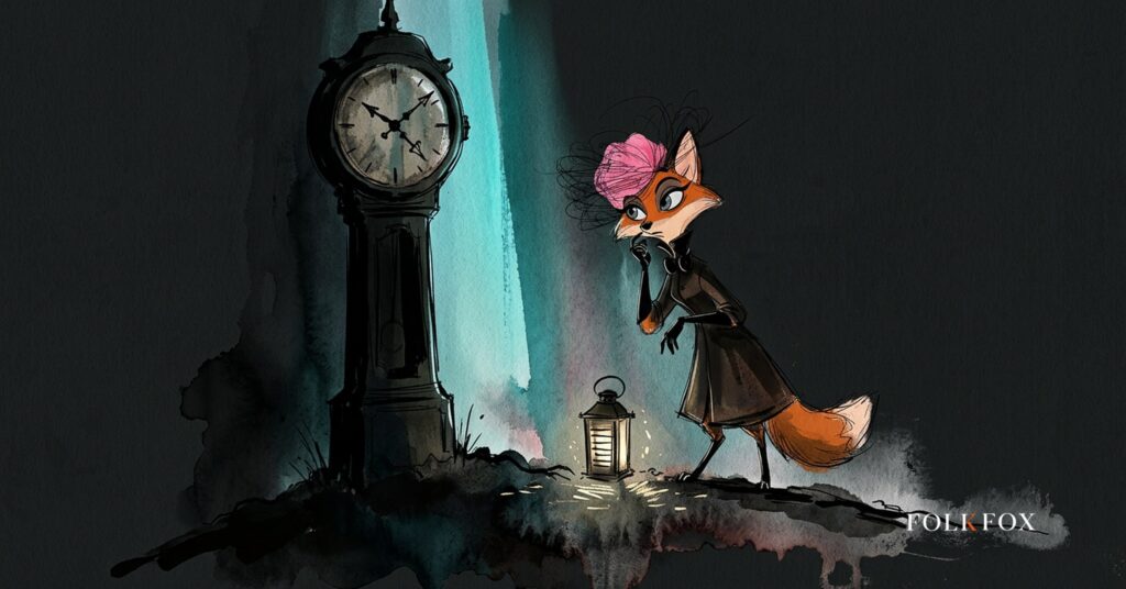 A watercolour fox in a hooded light studies a three-hand clock on a ridge, a picture about the CISA KEV deadline clock