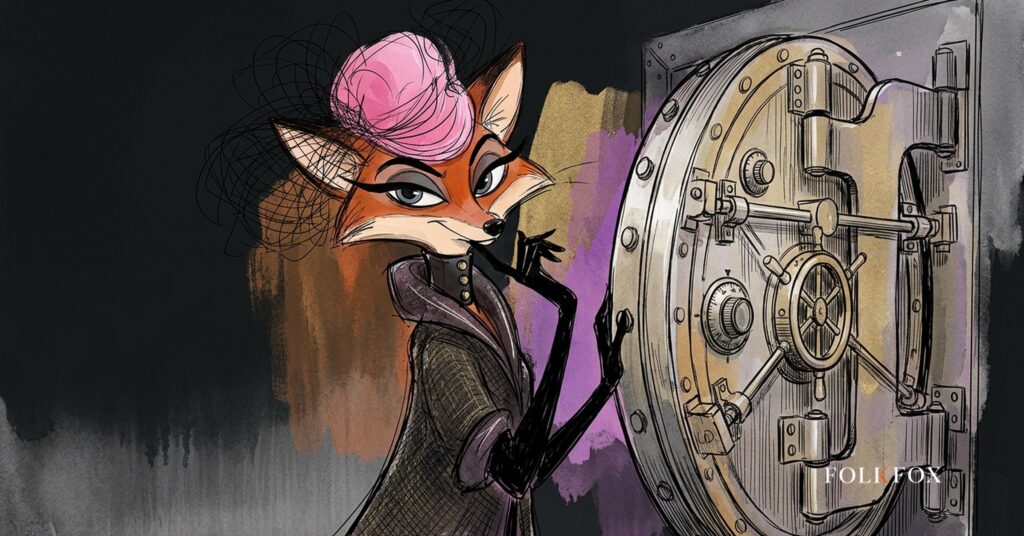 a fox standing watch over a locked den, crypto custody compliance guarding the entrance