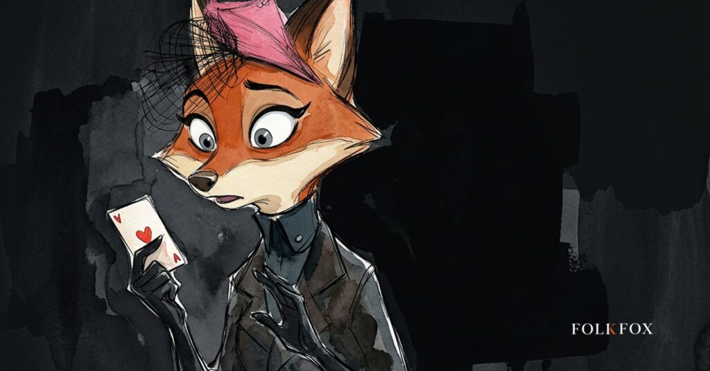 An ink-drawn fox in a folkfox forest beside a card, illustrating denmark gambling advertising.