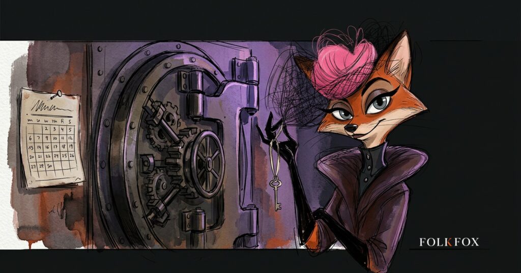 A watercolour fox stands before a heavy vault door with a small key on a ribbon, a picture about a digital asset bank and a pending acquisition