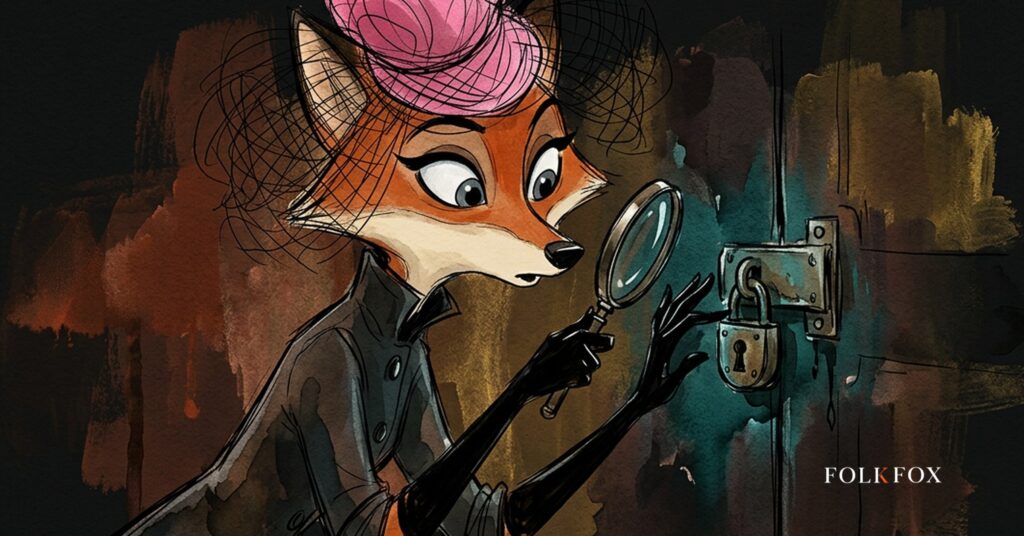 A watercolour vixen illustrating epss score by examines the latch of an old locked cabinet with a magnifying glass, looking for a weakness before moving on