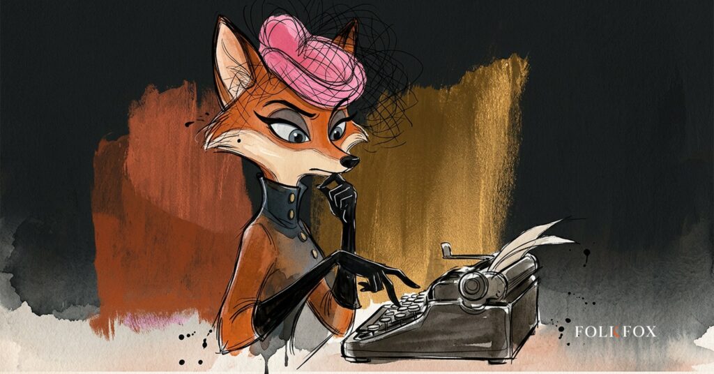 a fox examining a torn byline under lamplight, fake author information exposed