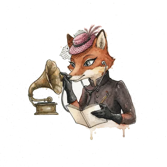 The folkfox vixen listening to a brass horn with a notebook in paw, a picture of how an ambient scribe listens and a clinician checks the note The folkfox vixen listening to a brass horn with a notebook in paw, a picture of how an ambient scribe listens and a clinician checks the note