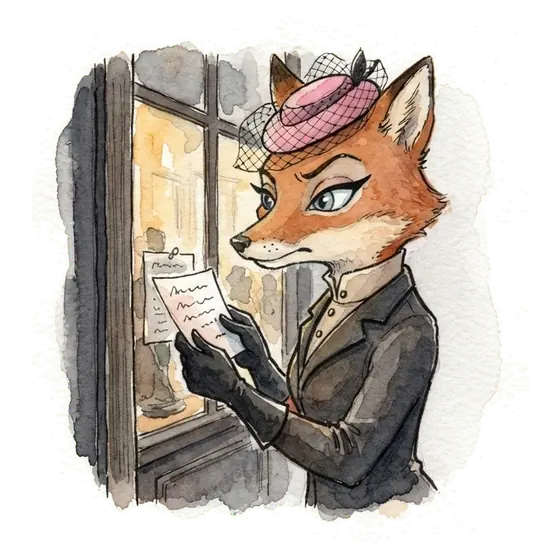 The folkfox vixen at a lit shopfront reading a card someone else wrote about her shop, a picture of branded keywords and AI Overviews describing a brand The folkfox vixen at a lit shopfront reading a card someone else wrote about her shop, a picture of branded keywords and AI Overviews describing a brand