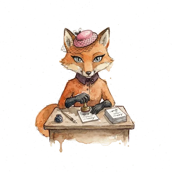The folkfox vixen stamping a stack of small signed leaflets at a desk, a picture of the MiCA review tightening how crypto marketing is checked The folkfox vixen stamping a stack of small signed leaflets at a desk, a picture of the MiCA review tightening how crypto marketing is checked