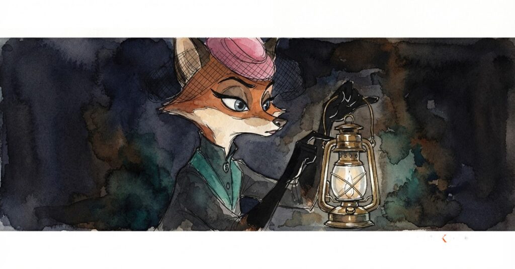 An ink-drawn folkfox vixen pauses on a moonlit trail at a three-way fork marked by lanterns, a picture of igaming africa and expansion
