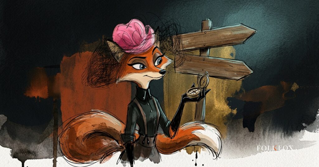 An ink-drawn fox studies a brass compass beside a signpost, weighing Reddit Max against hand-built lead generation tools