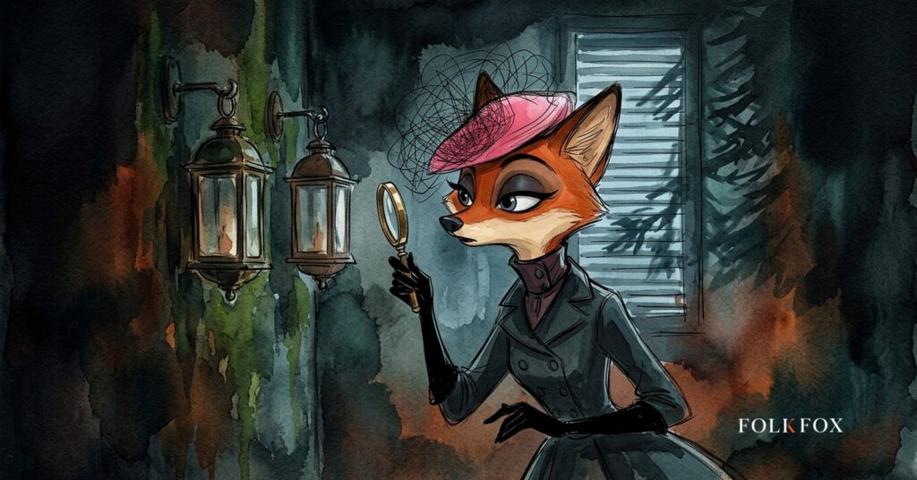 An ink-drawn fox holding a magnifying glass up to a lookalike lantern, illustrating malvertising and brand impersonation