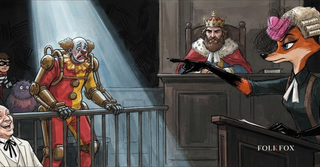 An ink-drawn fox prosecutes a distressed clown in a robot suit over dynamic pricing, watched by a masked burglar, a purple creature, a laughing man in white and a crowned judge