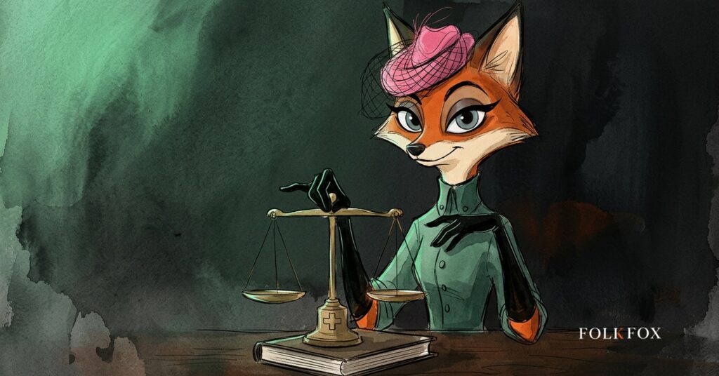An ink-drawn vixen weighs a set of brass scales in her paws, testing the claims medical advertising companies must now prove