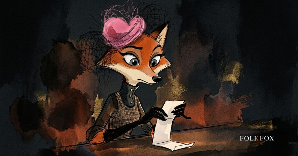 A wary vixen reads a plain receipt in low light, standing in for meta advertising revenue rather than a share chart.
