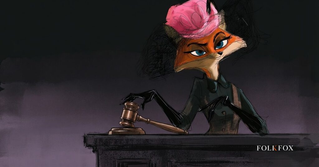 An ink-drawn vixen at a customs desk stamping small signed leaflets, a picture of the MiCA review checking crypto marketing