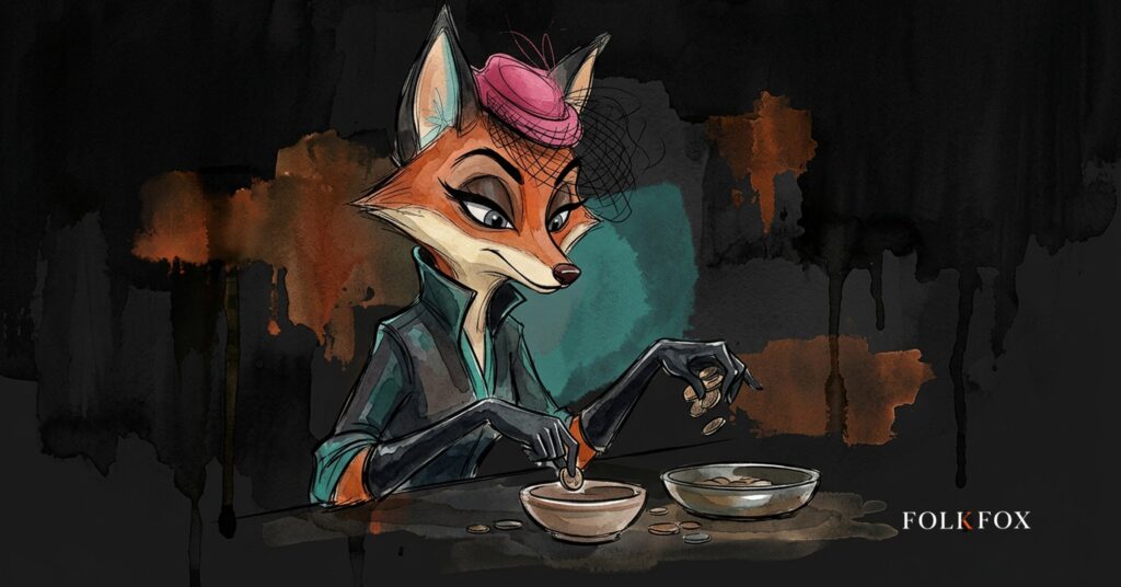 A watercolour vixen illustrating net gaming revenue by carefully separating coins into two shallow bowls, keeping customer entries apart from retained revenue