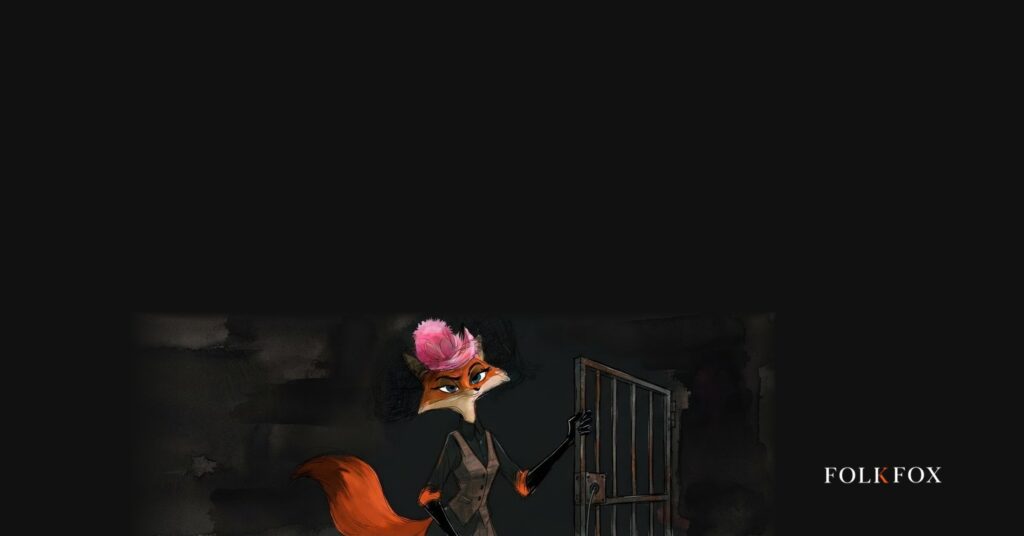 Open weight models illustration: the folkfox vixen opens a barred gate against a dark watercolour background.