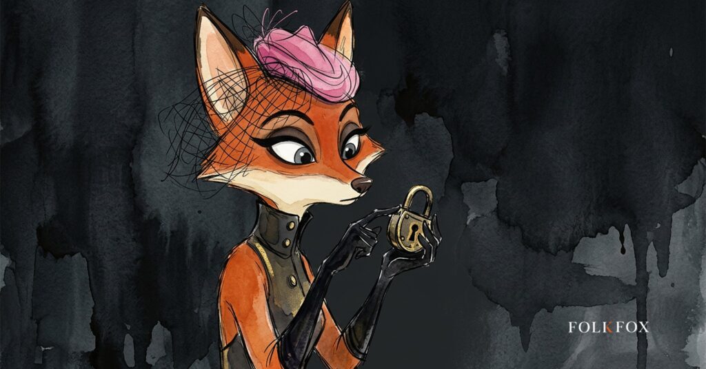 A watercolour fox sits beside a heavy padlock in a dim thicket and listens, a picture about pirate music sites and the RIAA's 2026 piracy filing