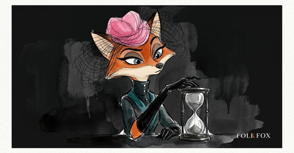 An ink-drawn fox listens at a shuttered doorway beside an hourglass, illustrating post quantum cryptography risk for medical devices