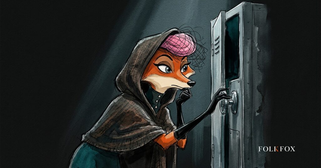An ink-drawn fox listens at a shuttered metal cabinet with its door left ajar, a remote access security scene about exposed controllers